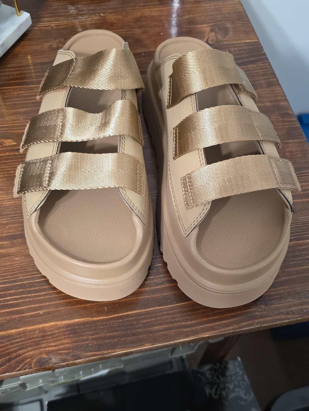 UGG Metallic Gold Triple-Strap Slide Sandals